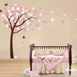 Cherry Blossom Tree Wall Decal, Blooming With Butterflies Nursery Vinyl Flowers Decal For Baby Room Decor - thumbnail 2