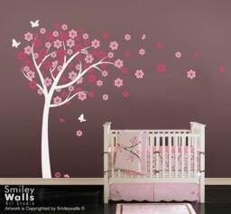Cherry Blossom Tree Wall Decal, Blooming With Butterflies Nursery Vinyl Flowers Decal For Baby Room Decor - thumbnail 1