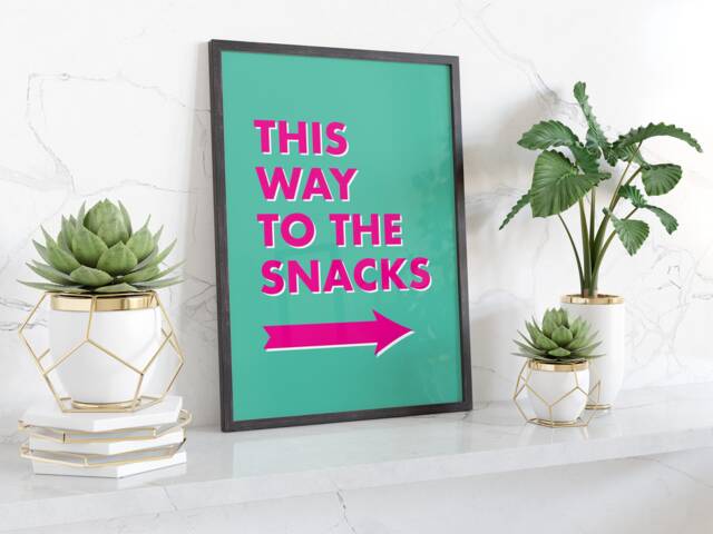 This Way To Snacks Typography Wall Art Print Kitchen Decor Humorous Quote Poster Framed Or Unframed Gift For Food Lovers & Snack Enthusiasts - image 1