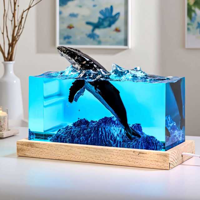 Handmade Ocean Humpback Whale Iceberg Resin Night Light, Epoxy Wood Lamp Artwork Decor - image 1