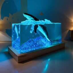 Handmade Ocean Humpback Whale Iceberg Resin Night Light, Epoxy Wood Lamp Artwork Decor - thumbnail 3
