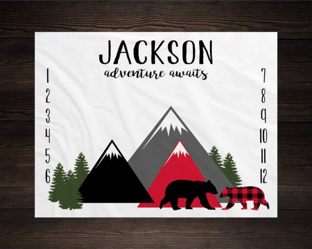 Woodland Milestone Blanket Adventure Awaits Bear Monthly Growth Tracker Soft Baby Shower Gift Newborn Watch Me Grow Boy - image 1