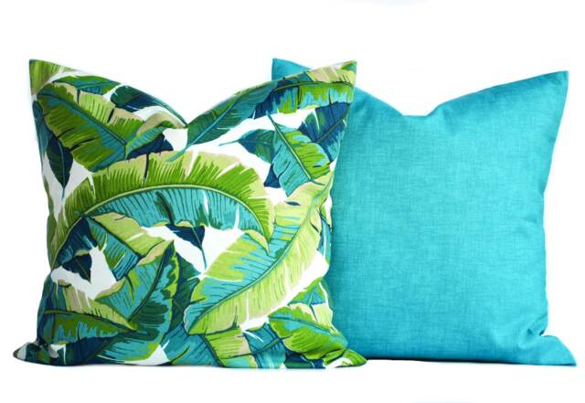 Two High Quality Outdoor Pillow Covers, Palm Tree Pillow, Turquoise Pillow, Decorative Throw Charcoal Grey Pillow - image 1