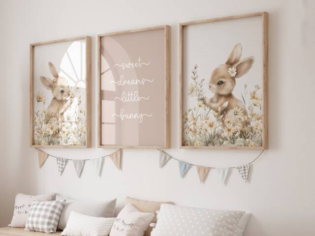 Girls Nursery Decor, Set Of 3 Wall Art Prints, Bunny Prints, Baby Girl Room, Bunny Nursery, Bunny Animal, Floral Nursery, Boho - image 1