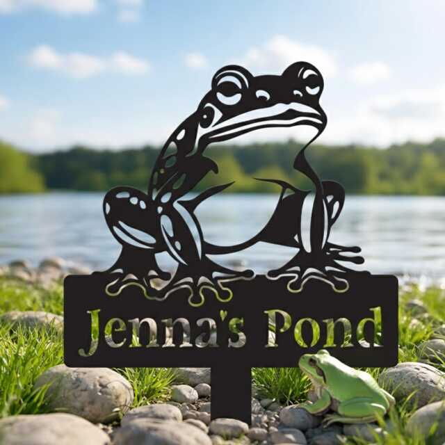 Custom Frog Metal Sign, Personalized Name Plaque, Pond Garden Decor, Lake House Wall Art - image 1