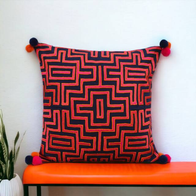 Cushion Cover, Pink & Blue, Mola, Embroidered, Boho, Decorative Pillow, Standard Size 16x16 Inches - image 1