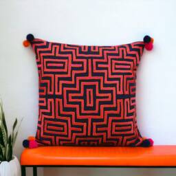 Cushion Cover, Pink & Blue, Mola, Embroidered, Boho, Decorative Pillow, Standard Size 16x16 Inches - thumbnail 1