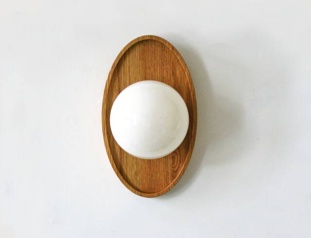 Minimal Oak & White Glass Globe Ellipse Wall Sconce Light Vanity Lighting Entry Wood Lamp Bathroom Kitchen - image 1