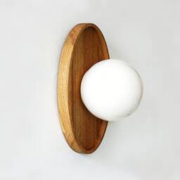Minimal Oak & White Glass Globe Ellipse Wall Sconce Light Vanity Lighting Entry Wood Lamp Bathroom Kitchen - thumbnail 4