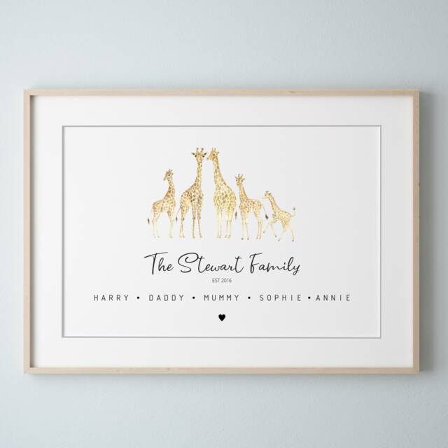 Personalised Giraffe Family Print, Custom Gift, Animal Elephant Art Fathers Day Birthday Gift - image 1