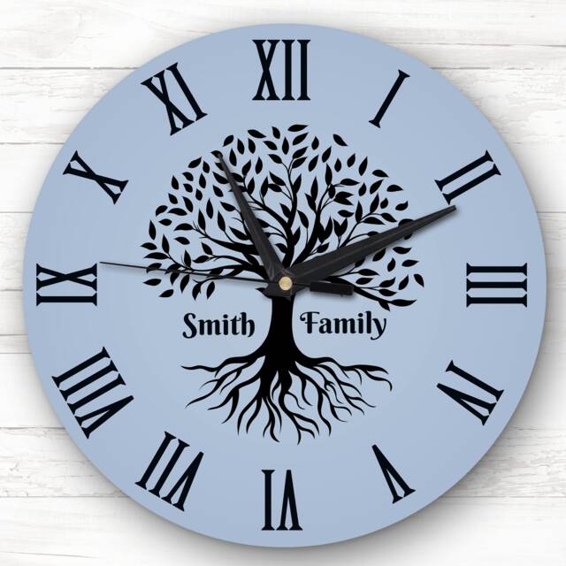 Family Tree Black Silhouette Blue Personalised Gift Clock - image 1