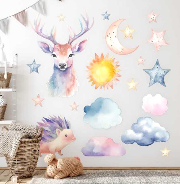 Pastel Nature Wall Stickers For Children's Room, Pink Kids Room Decor, Animals Decal Baby Self Adhesive - image 1