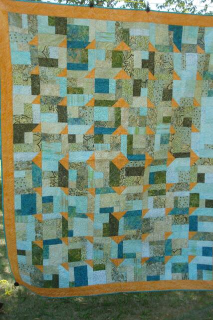 Tongo Splendor - Handmade Modern Patchwork Quilt Blue, Green, & Orange Geometric Design Cozy Bedspread Or Wall Art - image 1