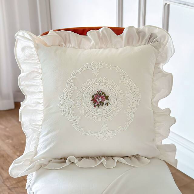 White Ruffle Edge Square Cotton Pillow Cover, Embroiderd Cushion Cover Customizable Size - image 1