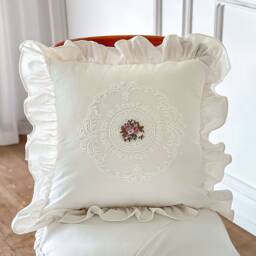 White Ruffle Edge Square Cotton Pillow Cover, Embroiderd Cushion Cover Customizable Size - thumbnail 1