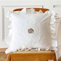 White Ruffle Edge Square Cotton Pillow Cover, Embroiderd Cushion Cover Customizable Size - thumbnail 2