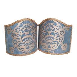 Pair Of Wall Sconce Clip-On Shield Shades Fortuny Fabric Blue & Gold Veronese Pattern Half Lampshade - Handmade in Italy - thumbnail 2
