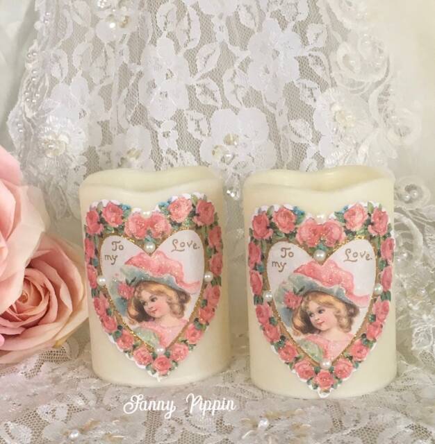Shabby Chic Valentine Candle Pink Rose Heart, Flameless Led Pillar - image 1