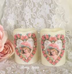 Shabby Chic Valentine Candle Pink Rose Heart, Flameless Led Pillar - thumbnail 1