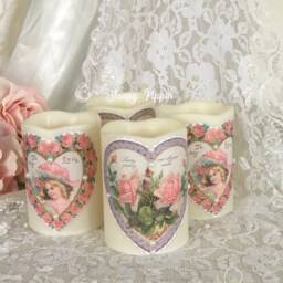 Shabby Chic Valentine Candle Pink Rose Heart, Flameless Led Pillar - thumbnail 4