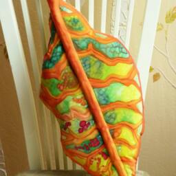 Soft Sculpture Vivid Croton Leaf Decorator Throw Pillow On Hand Painted Silk in Deep Orange, Warm Red, Gold, Lime, Emerald Green - thumbnail 2