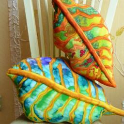 Soft Sculpture Vivid Croton Leaf Decorator Throw Pillow On Hand Painted Silk in Deep Orange, Warm Red, Gold, Lime, Emerald Green - thumbnail 3