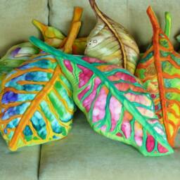 Soft Sculpture Vivid Croton Leaf Decorator Throw Pillow On Hand Painted Silk in Deep Orange, Warm Red, Gold, Lime, Emerald Green - thumbnail 4