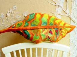 Soft Sculpture Vivid Croton Leaf Decorator Throw Pillow On Hand Painted Silk in Deep Orange, Warm Red, Gold, Lime, Emerald Green