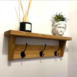 Handmade Solid Oak Coat Rack With Shelf, Wooden Entryway Hook Cast Iron Hooks, Towel Hanger, Wall Mounted Furniture Retro Classic Vintage - thumbnail 1
