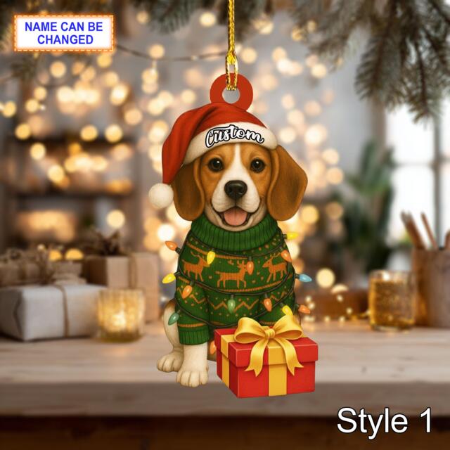 Custom Name Cute Sitting Beagle Dog With Santa Hat Christmas Lights Ornament, Tree Hanging Decor, Flat 2D Ornament - image 1
