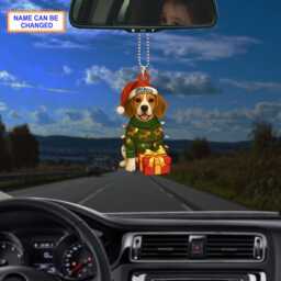 Custom Name Cute Sitting Beagle Dog With Santa Hat Christmas Lights Ornament, Tree Hanging Decor, Flat 2D Ornament - thumbnail 3