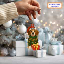 Custom Name Cute Sitting Beagle Dog With Santa Hat Christmas Lights Ornament, Tree Hanging Decor, Flat 2D Ornament - thumbnail 2