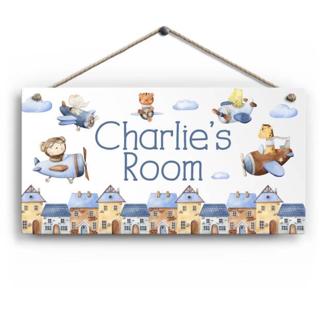 Personalised Room Sign With Childs Name - Animal Airplane Theme. Gloss Metal Wall Art. Baby, Toddler, Infant Bedroom - image 1