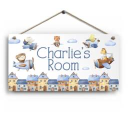 Personalised Room Sign With Childs Name - Animal Airplane Theme. Gloss Metal Wall Art. Baby, Toddler, Infant Bedroom - thumbnail 1