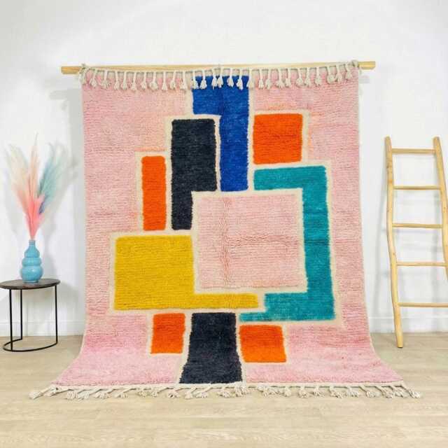 Hand Tufted Moroccan Pink Berber Rug, Authentic Beni Ourain Carpet, Large 9x12 Area Handwoven Wool Shag Rug With Abstract Lines - image 1