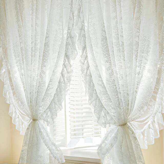 Romantic Sheer Curtain Embroidered Floral Ruffles Drape, Rod Pocket - image 1