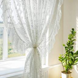 Romantic Sheer Curtain Embroidered Floral Ruffles Drape, Rod Pocket - thumbnail 2