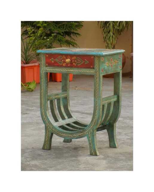 Hand-Painted Indian Wooden Side Table With Drawer - Boho Magazine Rack Ethnic Accent Bedside Cabinet Ideal Gift For Home Lovers - image 1