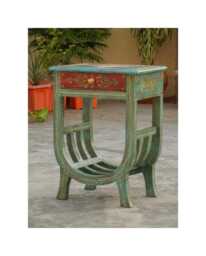 Hand-Painted Indian Wooden Side Table With Drawer - Boho Magazine Rack Ethnic Accent Bedside Cabinet Ideal Gift For Home Lovers - thumbnail 1