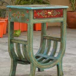 Hand-Painted Indian Wooden Side Table With Drawer - Boho Magazine Rack Ethnic Accent Bedside Cabinet Ideal Gift For Home Lovers - thumbnail 2