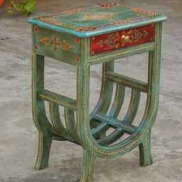 Hand-Painted Indian Wooden Side Table With Drawer - Boho Magazine Rack Ethnic Accent Bedside Cabinet Ideal Gift For Home Lovers - thumbnail 4