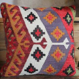 40cm - 16Inch Stunning Kilim Pillow Cover - Antique Slit Weave Nomadic Style Handwoven Rug Cushion - thumbnail 2