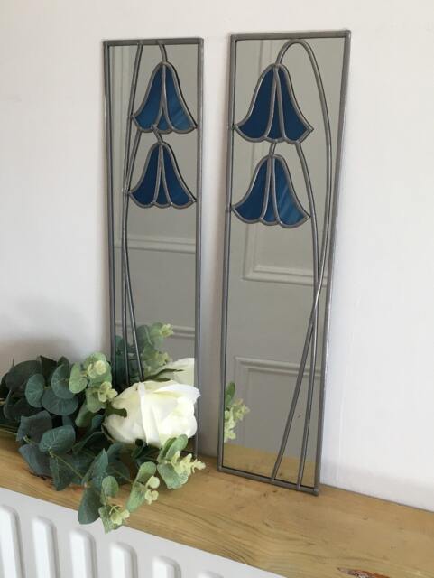 Opposite Pair Bluebells Rennie Mackintosh Style Stained Glass Effect Mirror Handmade Gift Catfish Glass Art Nouveau 10x40cm - image 1