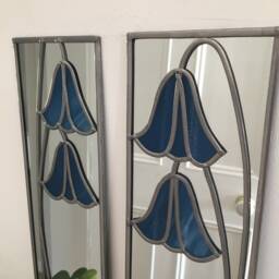 Opposite Pair Bluebells Rennie Mackintosh Style Stained Glass Effect Mirror Handmade Gift Catfish Glass Art Nouveau 10x40cm - thumbnail 2