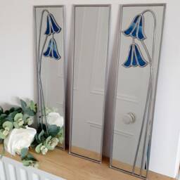 Opposite Pair Bluebells Rennie Mackintosh Style Stained Glass Effect Mirror Handmade Gift Catfish Glass Art Nouveau 10x40cm - thumbnail 3