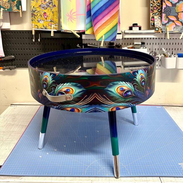 Round Coffee Table , Peacock Design, Blue, Teal Turquoise Feathers. Navy Glitter . Table, Lift Off Top For Storage. End Lounge - image 1