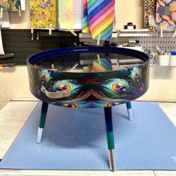 Round Coffee Table , Peacock Design, Blue, Teal Turquoise Feathers. Navy Glitter . Table, Lift Off Top For Storage. End Lounge