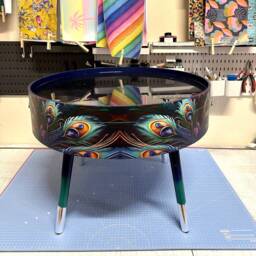 Round Coffee Table , Peacock Design, Blue, Teal Turquoise Feathers. Navy Glitter . Table, Lift Off Top For Storage. End Lounge - thumbnail 3