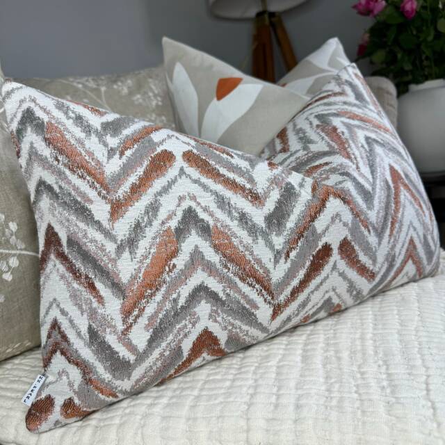 "Zig Zag Cushion Cover, Decorative Pillow Copper - Grey Geometric Design, Lumbar Size 12"" X 20" - image 1