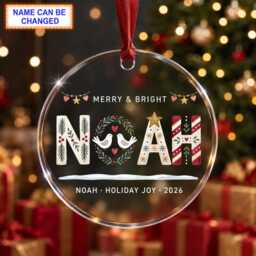 Christmas Glass Ornament, Custom Festive Name Keepsake With Colorful Holiday Lettering, Snowflakes & Stars, Personalized Winter Gift - thumbnail 2